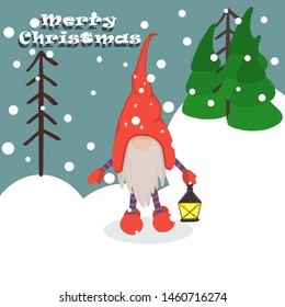 postcard Christmas gnome with Christmas trees