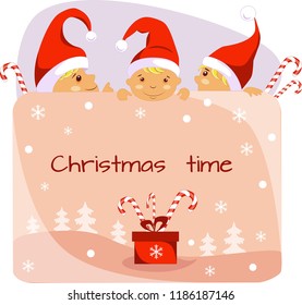 Postcard Christmas gnomes in red caps with a gift of Christmas trees and snowflakes