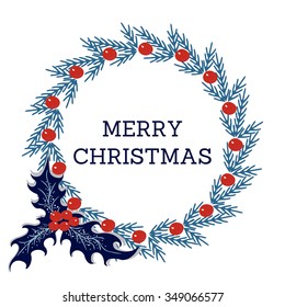 Postcard Christmas, Holly, berries, wreath, white background, blue, red, text, frame, happy Christmas