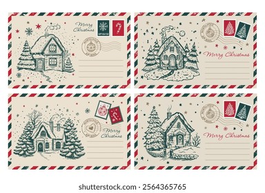 Postcard, Christmas mail, with house, card set, hand drawn illustration.	