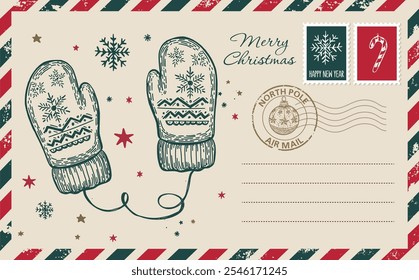 Postal, correo de Navidades, carta, ilustración dibujada a mano.