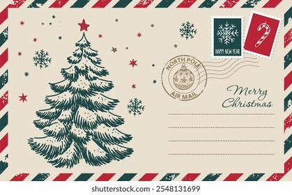 Postcard, Christmas mail, letter, hand drawn illustration.	