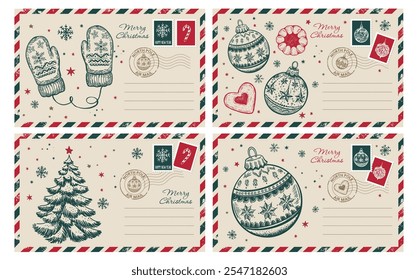 Postcard, Christmas mail, with tree, ball, hand drawn illustration.