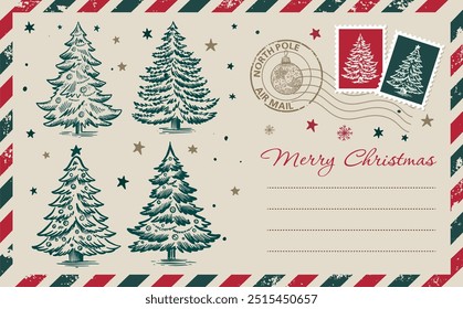 Postcard, Christmas mail with tree, hand drawn illustration.	