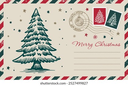 Postkarte, Weihnachtspost mit Baum, Brief, handgezeichnete Illustration.	