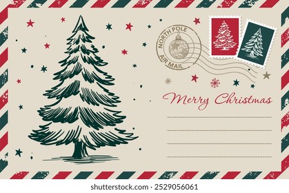 Cartão postal, carta de Natal com árvore, carta, ilustração desenhada à mão.	