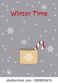 Postcard with a christmas mug, candy cane and cozy slogan in flat design. Vector illustration