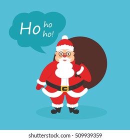 Postcard for Christmas and New Year. Cute character Santa with bag of gifts.