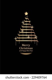 Postcard with Christmas and New Year with a golden Christmas tree on black background.