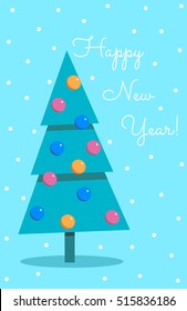 Postcard for Christmas and New Year with Christmas tree. Greeting card in a flat style. Vector.
