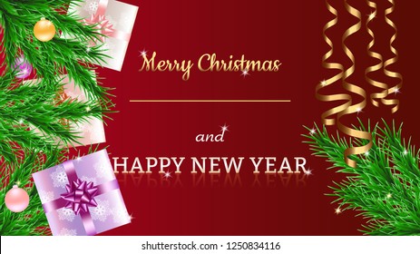 Postcard for Christmas and New year in vector. Red Christmas and new year background with gift box, gold tinsel, balls and fir branches.