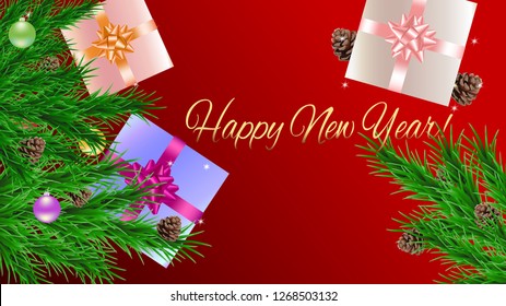 Postcard for Christmas and New year in vector. Red Christmas and new year background with gift box, gold tinsel, balls and fir branches.