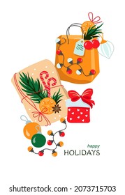 Postcard for Christmas or New Year. Vector illustration. Gifts, garlands, balls.