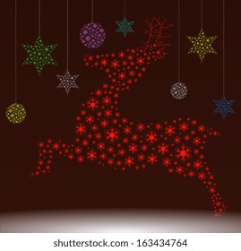 Postcard with Christmas toys.  Luminous reindeer with New Year balls.