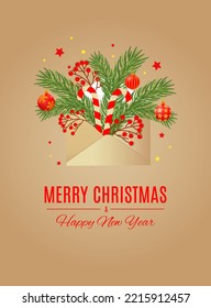 Postal con árbol de Navidad y bolas en sobre. Plantilla de decoración de vacaciones de año nuevo. 