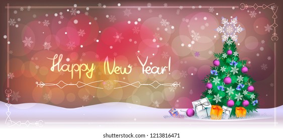 Postcard with a Christmas tree, gift boxes and balls surrounded by snowflakes with an inscription in a frame on a red background.Horizontal.
