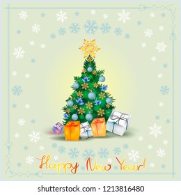 Postcard with Christmas tree, gift boxes and balls surrounded by snowflakes. Square banner.