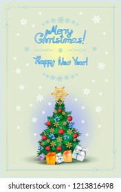 Postcard with a Christmas tree, gift boxes and balls surrounded by snowflakes with an inscription in a frame. Vertical.