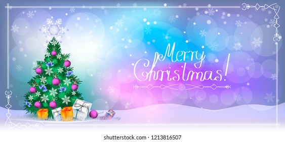 Postcard with a Christmas tree, gift boxes and balls surrounded by snowflakes with an inscription in a frame on a lilac background. Horizontal.