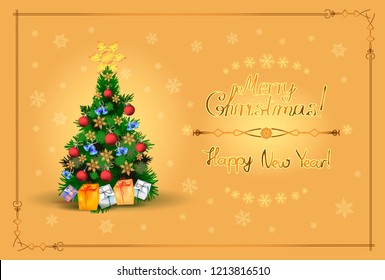 Postcard with a Christmas tree, gift boxes and balls surrounded by snowflakes with an inscription in a frame on a golden background.Horizontal.