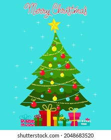 A postcard with a Christmas tree and gifts. The Year of the Tiger. Happy Christmas card, with colorful gifts.