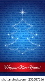 Postcard with Christmas tree made of stars consisting of the phrases "Happy New Year" in the languages of Europe 