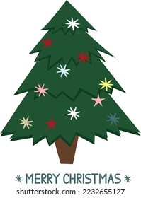 Postcard with Christmas tree, Merry Christmas text, lettering on white background, minimalism doodle