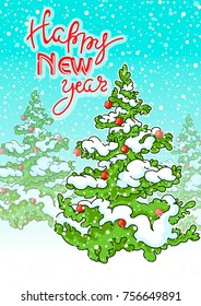 Postcard with christmas tree and New year greeting, winter landscape .Holidays vector illustration, banner, cover. Vertical A4 format.