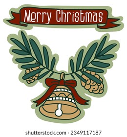 A postcard with a Christmas tree toy bell with cones on a branch of a Christmas tree, a traditional Christmas vector illustration. A postcard for the holiday in retro style. Cartoon object