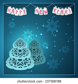 Postcard with Christmas trees, flags and snowflakes