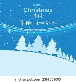 Postcard with Christmas trees, Merry Christmas and Happy New Year. Congratulations on the winter holidays. Vector