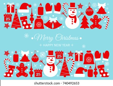 Postcard Christmas winter icons-vector illustration. Against a blue snowman with gifts Christmas tree and decorations.