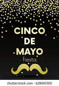 Postcard "Cinco de mayo" with golden mustache. Fireworks. Vector illustration for a postcard or a poster. Ready design. Fiesta.