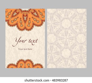 Postcard with circular ethnic pattern for invitations, congratulations, banner, brochure, brown, beige, orange red vector illustration
