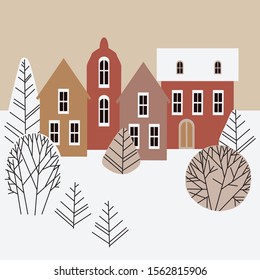 Postcard with a city landscape. Houses surrounded by bushes and trees. Applique pattern in white and brown. Christmas theme. The print is suitable for packaging and clothing.