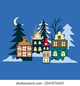 Postcard of a city with snow and pine trees on a blue background, winter scenery, hand drawn vector poster