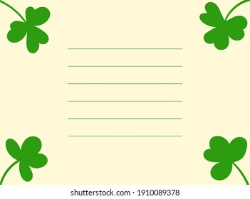 Postcard with clover leaves.Magical plant. Decoration for St. Patrick's Day with trefoils and quatrefoils. Shamrock. Irish story. Plants are hidden under a clipping mask. Isolated. Vector illustration