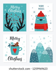 Postcard collection with christmas stuff. Bear, horns, mug, mountains. Template for greeting, winter holiday cards, posters, banners and covers.