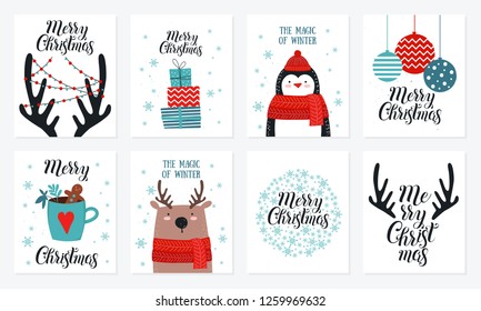 Postcard collection with christmas stuff. Template for greeting, winter holiday cards, posters, banners and covers.