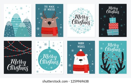 Postcard collection with christmas stuff. Template for greeting, winter holiday cards, posters, banners and covers.