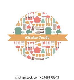 Postcard with a collection of kitchen utensils. Kitchen utensils elements for template, menu, banner, card and other design. Flat vector illustration of m with place for text.