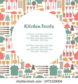 Postcard with a collection of kitchen utensils and place for text. Kitchen utensils elements for template, menu, banner, card and other design. Menu invitations. Flat vector illustration.