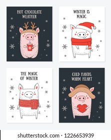 Postcard collection. New 2019 Year posters with cute pig and winter slogan. Symbol of the year in the Chinese calendar. Vector cartoon isolated illustration. Year of yellow pig.