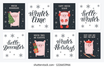 Postcard collection. New 2019 Year posters with cute pig and winter slogan. Symbol of the year in the Chinese calendar. Vector cartoon isolated illustration. Year of yellow pig.