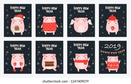 Postcard collection. New 2019 Year posters with cute pig and winter slogan. Symbol of the year in the Chinese calendar. Vector cartoon isolated illustration. Year of yellow pig.