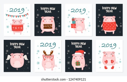 Postcard collection. New 2019 Year posters with cute pig and winter slogan. Symbol of the year in the Chinese calendar. Vector cartoon isolated illustration. Year of yellow pig.