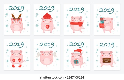 Postcard collection. New 2019 Year posters with cute pig and winter slogan. Symbol of the year in the Chinese calendar. Vector cartoon isolated illustration. Year of yellow pig.