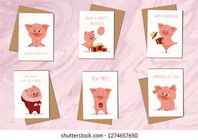 Postcard collection posters with cute pig and slogan. Symbol of the year in the Chinese calendar. Vector cartoon isolated illustration. Year of yellow pig