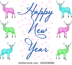 Postcard with colored deer "Happy New Year". White background.