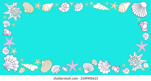 Postcard colored shells on a blue background